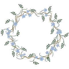 round frame of green and brown branches and leaves with blue flowers