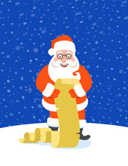 Santa Claus stands on snow and reads a long Naughty or Nice Kids List. Cartoon vector illustration. Snowy Christmas Eve night. Funny Christmas greeting card. Cute character.