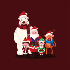 merry christmas santa helper boy reindeer polar bear characters together