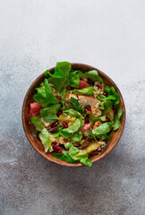 Chicken, grapefruit, orange, pomegranate seeds,mix salad leaves salad