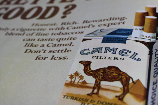 Viersen, Germany - 9. May 2020: Close up of  Camel filters cigarettes advertising in vintage magazine from the sixties