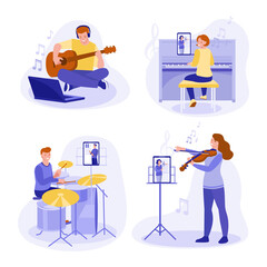A set of vector concepts for online learning to play musical instruments: piano, violin, drums, guitar. Flat style.