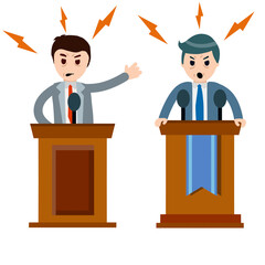 Political debate and dispute between two presidential candidates. Tribune and stand. Dialogue and elections. Podium for speech. Rostrum and man in suit.