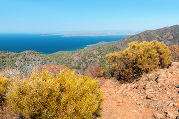 Scenic views of the Mediterranean sea and the Marmaris nature Park on the Datca Peninsula in Turkey