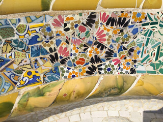 view of the main terrace of Park Guell, located on Carmel Hill, Barcelona, Spain