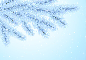 Christmas greeting card with snowy frozen tree (pine branch in winter), snowflakes, stars on blue background. Blank holiday gift card useful as gift certificate, Gift voucher