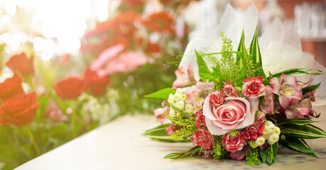 Lovely bouquet with decorations in a flower shop