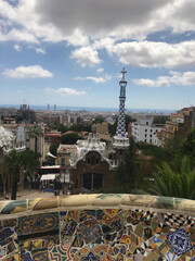 view of the main terrace of Park Guell, located on Carmel Hill, Barcelona, Spain