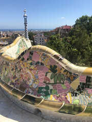view of the main terrace of Park Guell, located on Carmel Hill, Barcelona, Spain