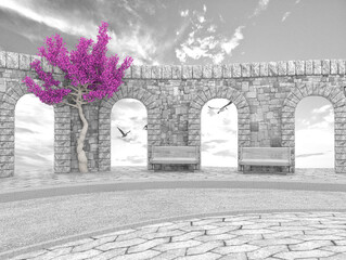 Black and white digital art Stone wall with arches and Pink Tree 3d rendering