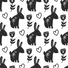 Seamless vintage pattern with ink hand drawn hare illustrations. Easter background. with ink hand drawn hare