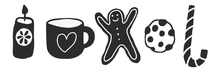 Christmas black and white doodle illustrations objects in scandinavian style hygge
