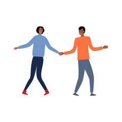 
Young beautiful black man woman dancing in flat style on white background. Cartoon vector. A guy and a girl in youth style are holding hands. Happy cheerful family. The concept of relationships 