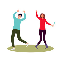 
Modern guy and girl dancing in a flat style on a white background. Cartoon vector. The man is having fun with raised hands and the girl is dancing with a bottle in her hands. Happy cheerful family. 