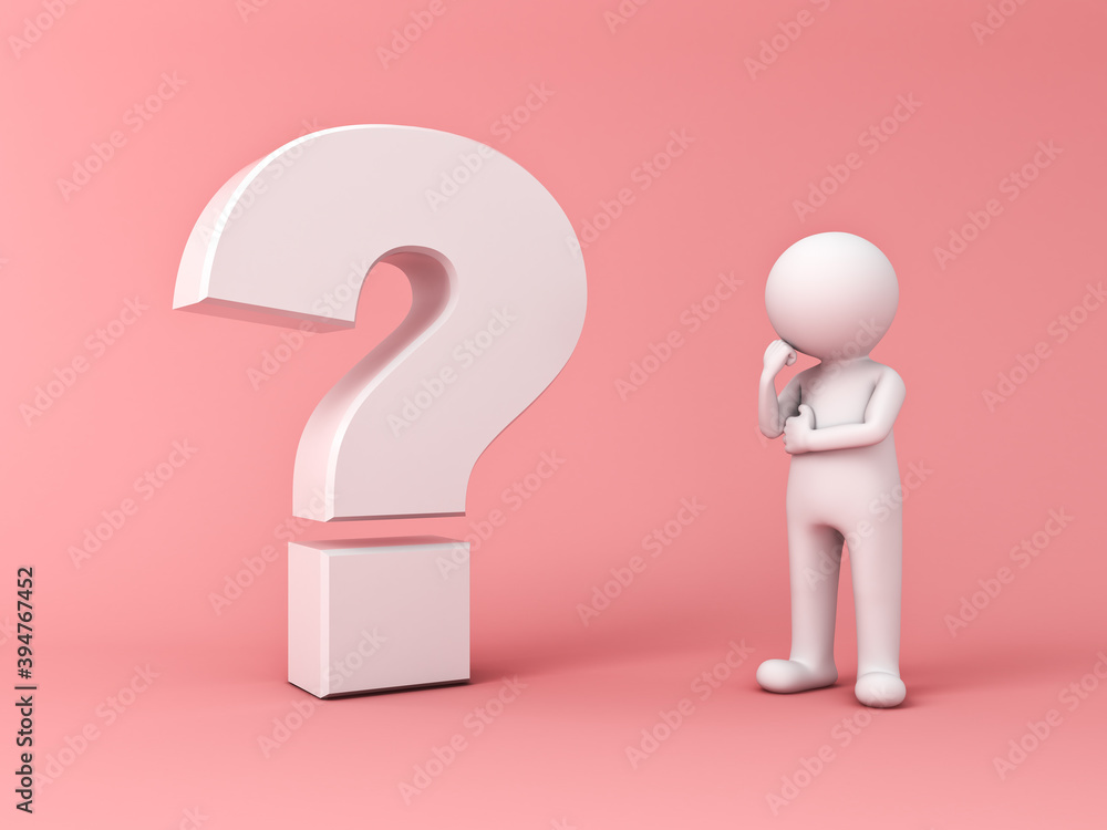Poster minimal 3d white man standing and thinking with question mark isolated on pink orange pastel color b