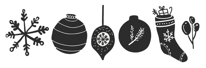Christmas black and white doodle illustrations objects in scandinavian style hygge