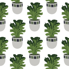 Vector seamless pattern with colorful hand-drawn flower pots. Sketch style, doodle plants. Botanic illustration.