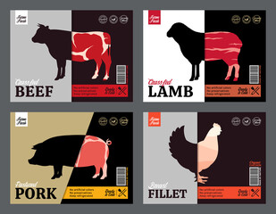 Set of butchery label templates. Butchery design elements and farm animals silhouettes for groceries, meat stores, packaging and advertising