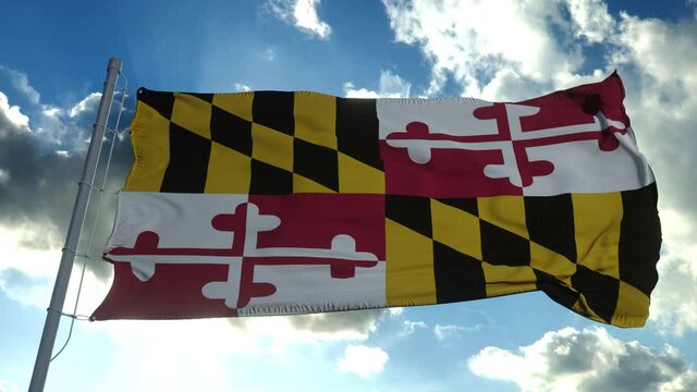 Maryland flag on a flagpole waving in the wind, blue sky background. 4K