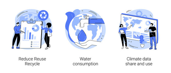 Save the planet abstract concept vector illustration set. Reduce Reuse Recycle, water consumption, climate data share and use, upcycling program, weather forecast, overconsumption abstract metaphor.