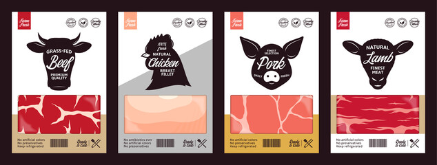 Vector butchery labels with farm animal faces. Cow, chicken, pig and sheep icons and meat textures for groceries, meat stores, packaging and advertising