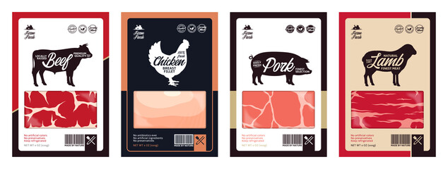 Vector butchery labels with farm animal silhouettes. Cow, chicken, pig and sheep icons and meat textures for groceries, meat stores, packaging and advertising