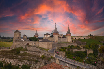 Kamianets-Podilskyi Castle in the evening, Ukraine