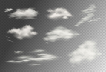 Realistic vector transparent clouds collection. Cloudy fluffy sky illustration. Storm, rain cloud effects