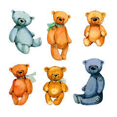 watercolor Illustration. Isolated cute teddy bear set on white background