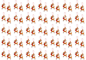 Pattern with christmas wooden deer on white background. Creative copy space for design and wrapping paper.