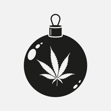 Christmas ball with cannabis ornament black and white vector icon.