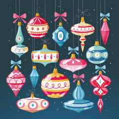 Christmas baubles. Decorative elements hanging on strings. Isolated elements on dark background. Colorful vector illustration.