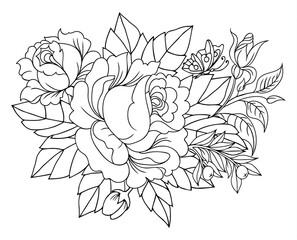 Illustration. Bouquet of roses with a butterfly. Coloring book. Antistress for adults and children. The work was done in manual mode. Black and white.