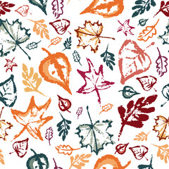 Hand drawing abstract elements of the autumn season. Seamless pattern of leaves, mushrooms, cones, berries. Autumn mood, cozy autumn and minimal design. Vector illustration