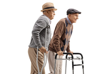 Elderly men walking with crutches and a walker