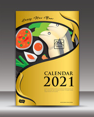 Cover Calendar 2021 template, Desk Calendar vector design, Wall calendar, food concept, Gold background
