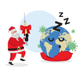 Santa Claus giving vaccine for corona virus as christmas present for the earth