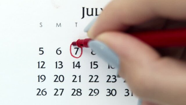 Female hand circle day in calendar date with a red marker. Business Basics Wall Calendar Planner and Organizer. July 7th