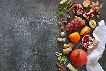 Healthy food. Selection of vegetables, fruits and nuts  for plant based, clean eating, vegetarian and super food concept. Overhead view, copy space