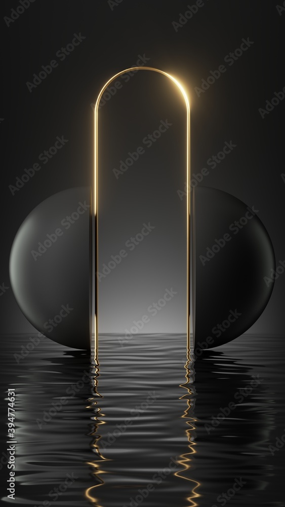 Poster 3d render, abstract modern minimal background with golden arch between two black hemispheres and ref