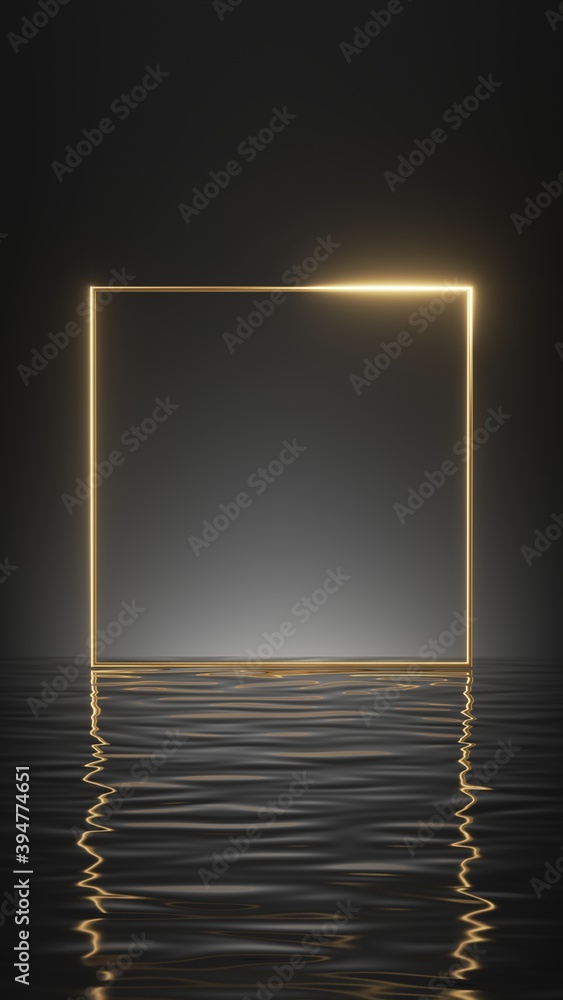 Poster 3d render, abstract minimal geometric background with golden square frame and reflection in the wate