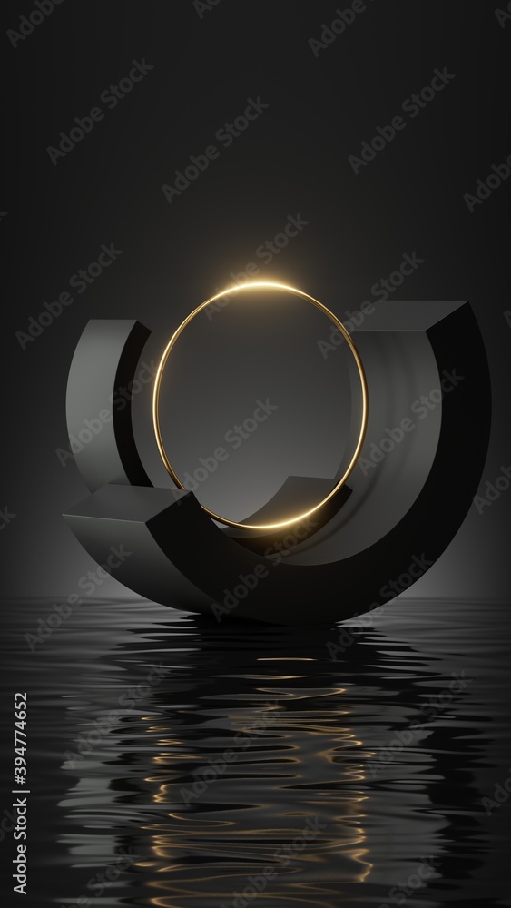 Poster 3d render, abstract minimal scene with simple geometric shapes and golden ring isolated on black bac