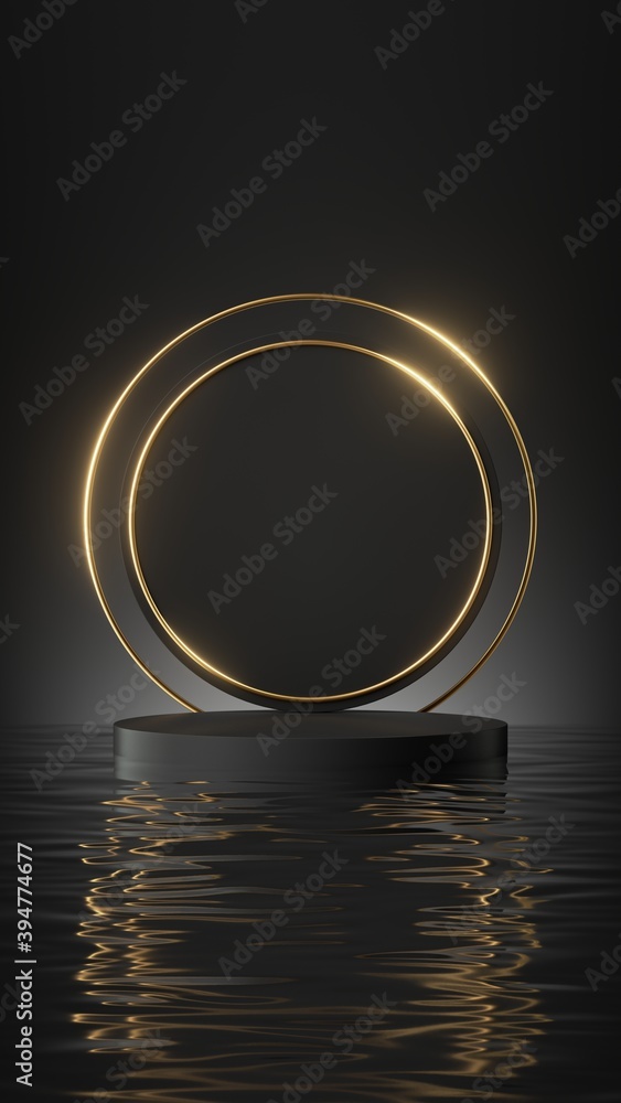 Poster 3d render, abstract minimal black background with empty stage, golden round frame and reflection in 