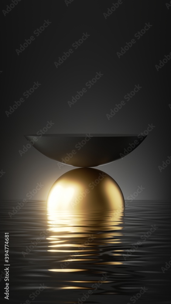 Poster 3d render, abstract minimal black background with empty hemisphere podium, golden ball and reflectio