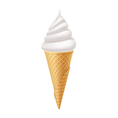 Soft Ice Cream in Waffle Cone. Street Fast Food, Sweet Milky Dessert Creative illustration Isolated on White Backdrop.