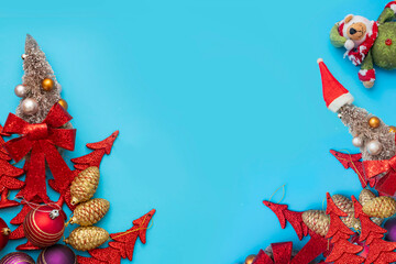 Christmas gift, velvet ribbons, decorations on blue background