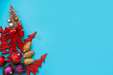 Christmas gift, velvet ribbons, decorations on blue background