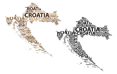 Sketch Croatia letter text map, Croatia - in the shape of the continent, Map Republic of Croatia - brown and black vector illustration