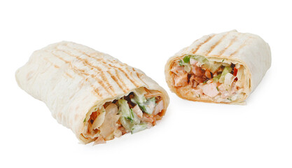 Shawarma with chicken and vegetables in sauce isolated on white background side view