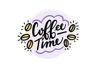 Coffee time logo calligraphic text. Handwritten lettering illustration. Brush calligraphy style. Black inscription isolated on background